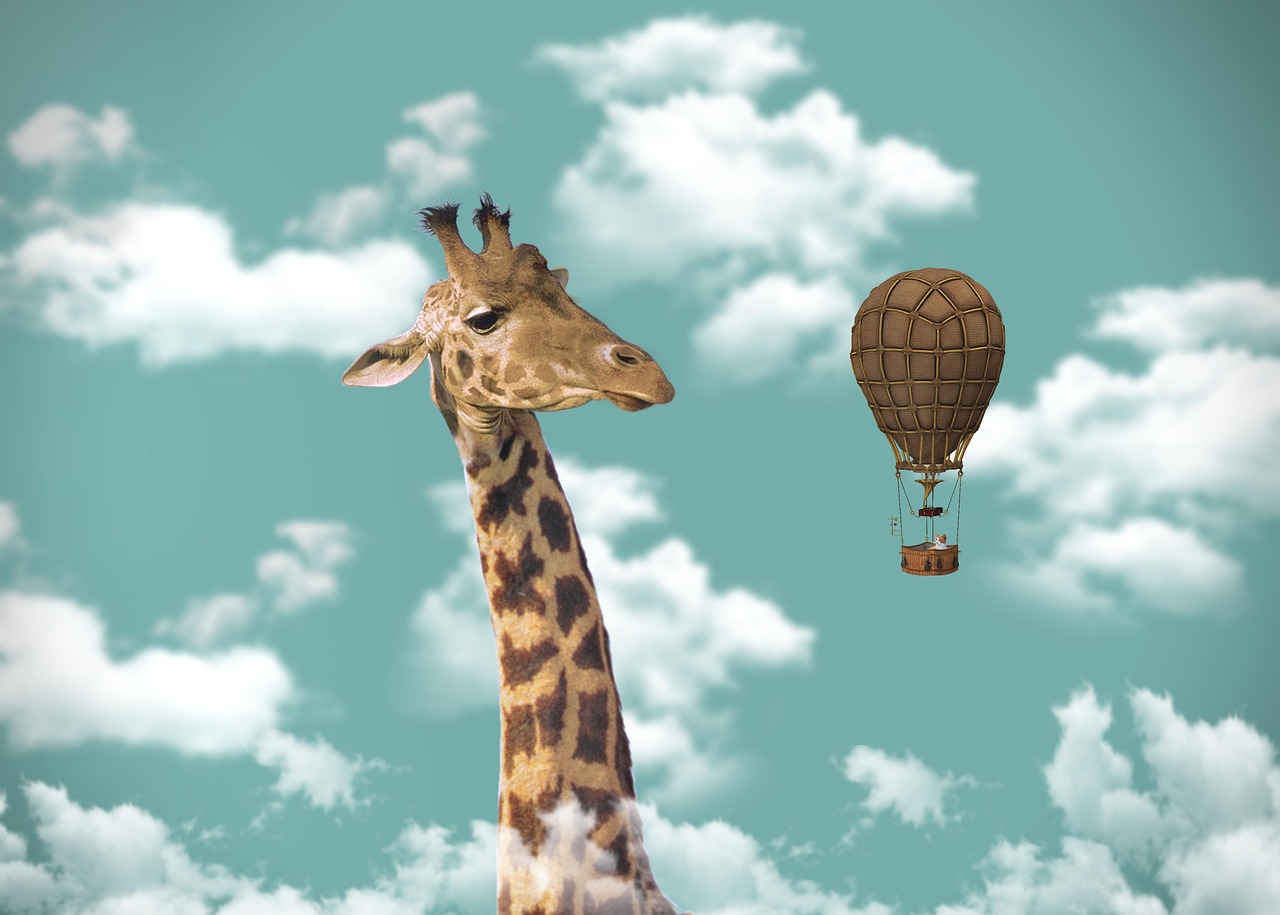 giraffe, hot air balloon, imagination, animal, mammal, ballooning, hot air ballooning, sky, nature, steampunk, digital art, photo manipulation, giraffe, giraffe, giraffe, giraffe, giraffe, steampunk